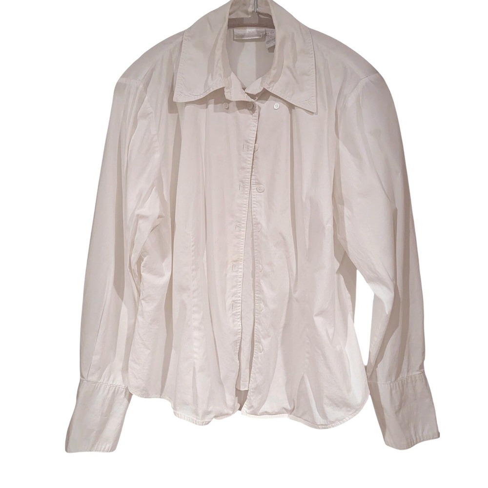 Soft Surroundings Button Down PM Ivory Cotton Stretch Flared Cuff Coastal - Picture 2 of 8